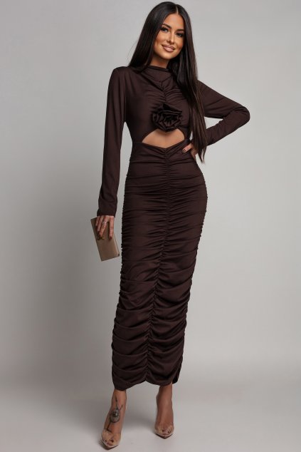Hnedé priliehavé šaty s riasením (Velikost UNI)