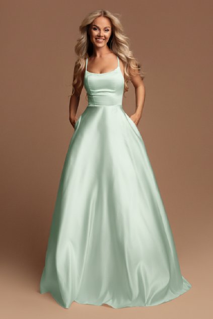 Světle zelené společenské šaty na ramínka (Velikost L)