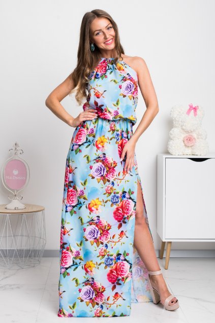 Svetlomodré kvetinové šaty s rozparkom (Velikost L)