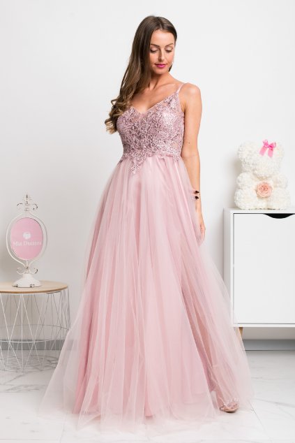 Ružové spoločenské šaty s krajkou a tylovou sukňou (Velikost L)