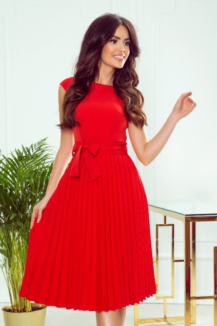 Červené midi šaty so skladanou sukňou (Velikost L)