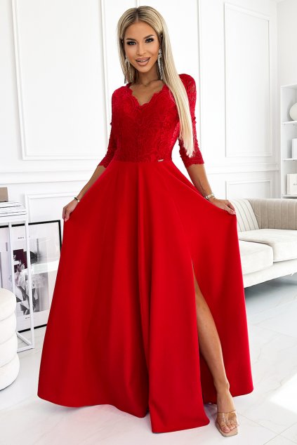 Červené spoločenské šaty s čipkou (Velikost L)