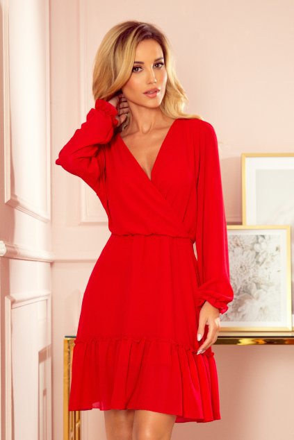 Červené krátke šaty s volánikovou sukňou (Velikost L)