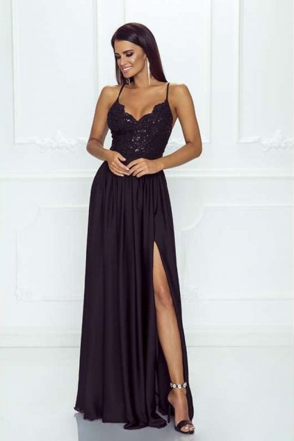 Čierne spoločenské šaty s flitrami a saténovou sukňou (Velikost L)