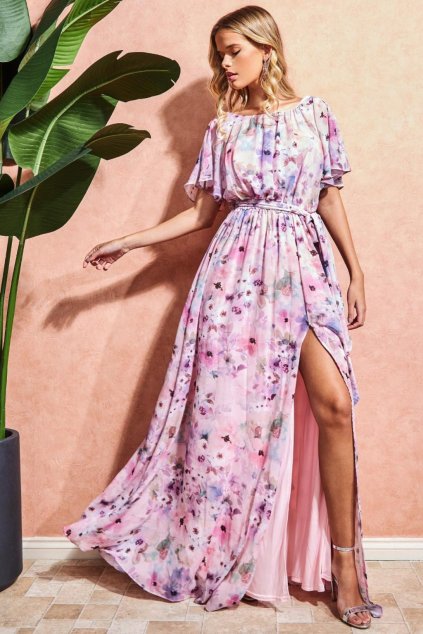 Ružovo-fialové šifónové šaty s kvetinami (Velikost L)