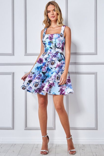 Modro-fialové krátke kvetinové šaty (Velikost L)