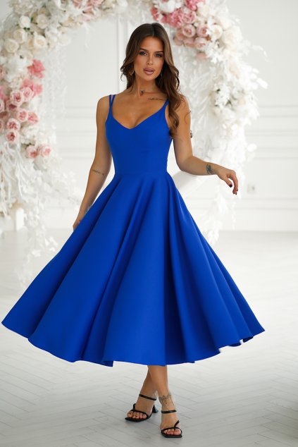 Modré midi šaty na ramienka (Velikost L)