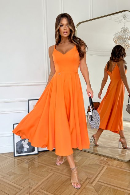 Oranžové midi šaty na ramienka (Velikost L)