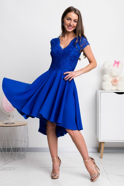 Modré asymetrické šaty s čipkou a krátkymi rukávmi (Velikost 4XL)