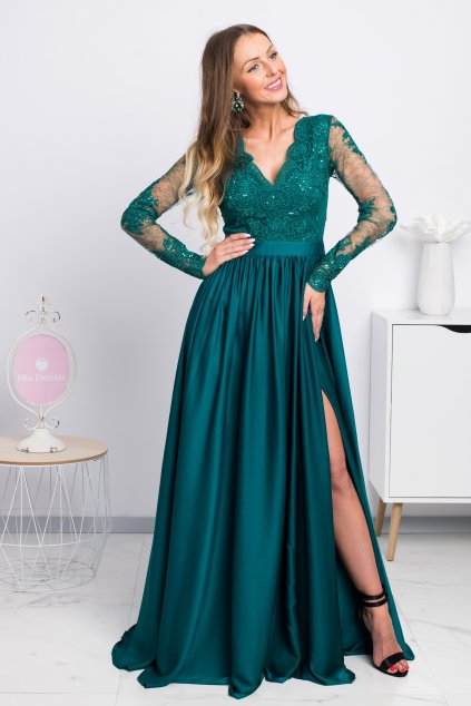 Zelené spoločenské šaty s krajkou a saténovou sukňou (Velikost 4XL)