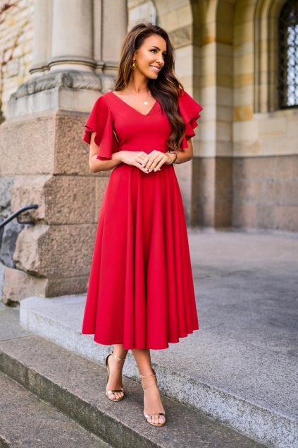 Červené midi šaty s volánovými rukávmi (Velikost L)