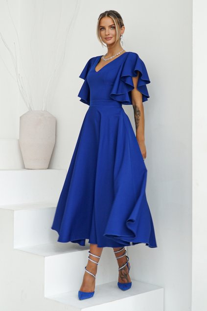 Modré midi šaty s volánovými rukávmi (Velikost 4XL)