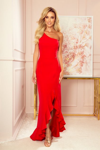 Červené spoločenské šaty s volánovou sukňou (Velikost L)