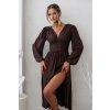 Hnedé trblietavé midi šaty s dlhými rukávmi (Velikost L)