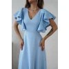Světle modré společenské šaty s flitrovanými rukávy (Velikost 4XL)