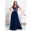 Tmavomodré spoločenské šaty s tylovou sukňou a krajkou (Velikost L)