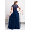 Tmavomodré spoločenské šaty s tylovou sukňou a krajkou (Velikost L)