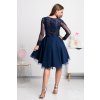 Tmavomodré krátke šaty s tylovou sukňou a rukávmi (Velikost L)