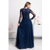 Tmavomodré dlhé šaty s tylovou sukňou a rukávmi (Velikost L)