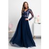 Tmavomodré dlhé šaty s tylovou sukňou a rukávmi (Velikost L)