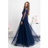 Tmavomodré dlhé šaty s tylovou sukňou a rukávmi (Velikost L)