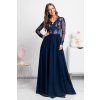 Tmavomodré dlhé šaty s tylovou sukňou a rukávmi (Velikost L)