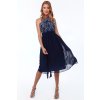 Tmavomodré šifónové midi šaty s krajkou (Velikost L)