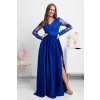 Modré spoločenské šaty s krajkou a saténovou sukňou (Velikost 4XL)