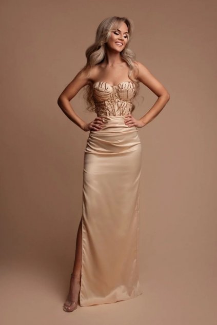 Zlaté priliehavé šaty s flitrovaným korzetom (Méret L)