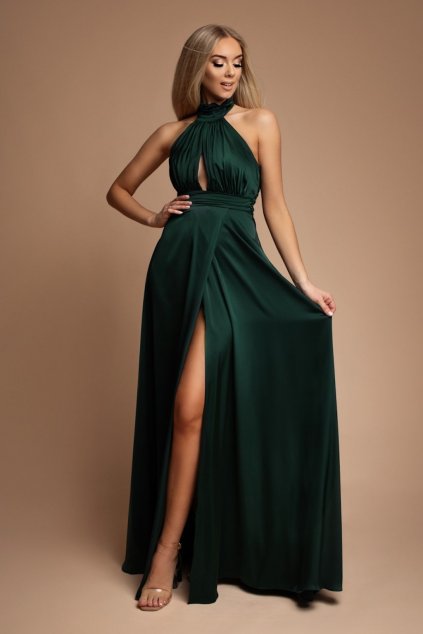 Smaragdové saténové šaty s rozparkom (Méret L)