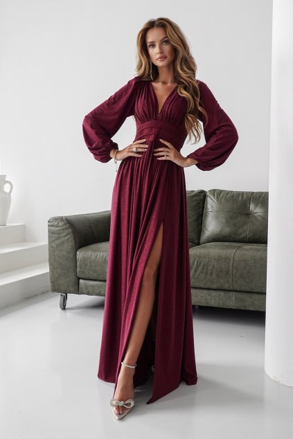 Bordové trblietavé šaty s dlhými rukávmi (Méret 4XL)