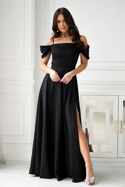 Čierne spoločenské šaty spustené na ramená (Méret 4XL)