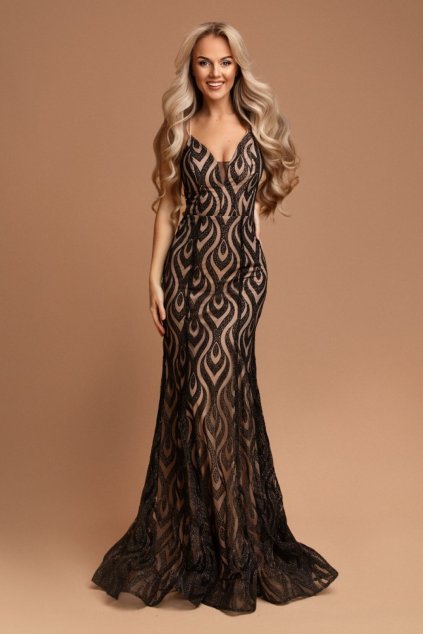 Čierne flitrované šaty s odhaleným chrbtom (Méret L)