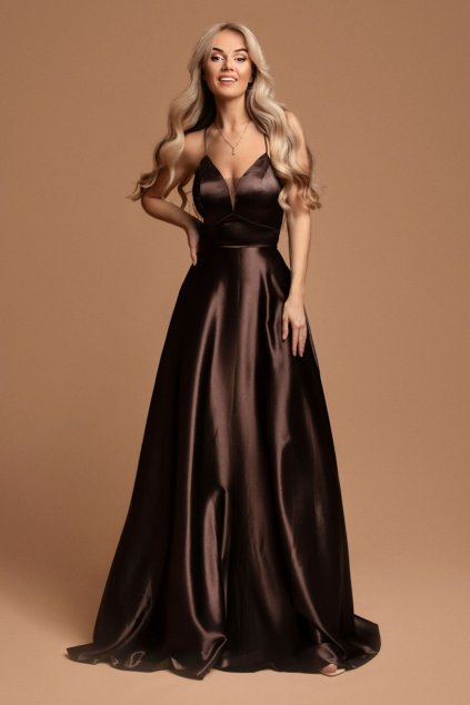 Hnedé lesklé šaty na ramienka (Méret L)