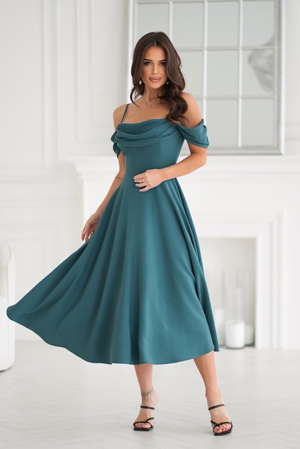 Smaragdové midi šaty spustené na ramená (Méret L)
