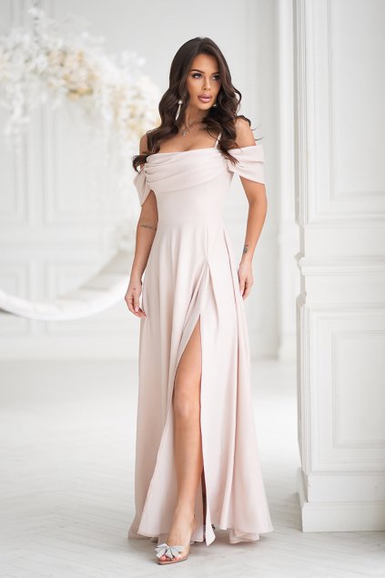 Béžové trblietavé šaty spustené na ramená (Méret 4XL)