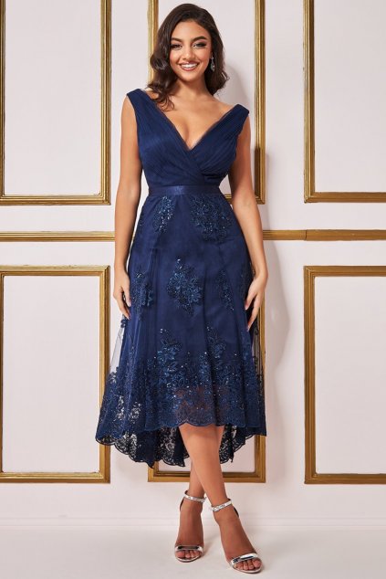 Tmavomodré midi šaty s krajkou (Méret L)