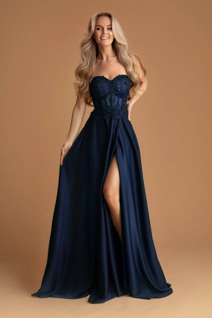 Tmavomodré spoločenské šaty so saténovou sukňou (Méret L)