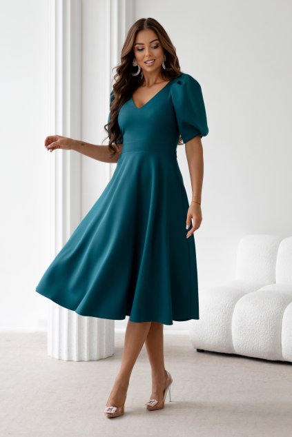 Smaragdové midi šaty s balónovými rukávmi (Méret L)