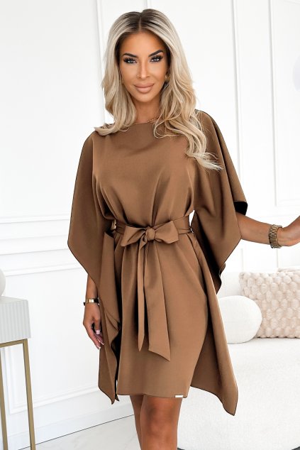 Hnedé krátke šaty s voľnými rukávmi (Méret L/XL)