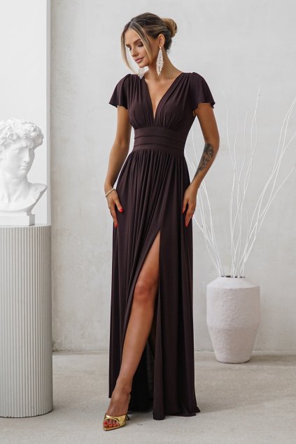 Hnedé spoločenské šaty s rozparkom (Méret 4XL)
