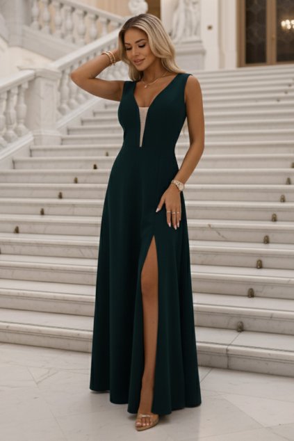 Smaragdové spoločenské šaty s rozparkom (Méret L)