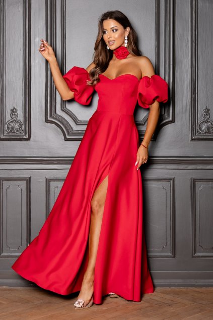 Červené spoločenské šaty s rozparkom (Méret L)