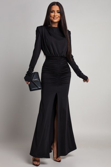 Čierne priliehavé šaty s rozparkom (Méret UNI)