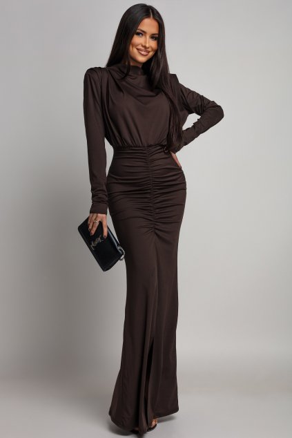Hnedé priliehavé šaty s rozparkom (Méret UNI)