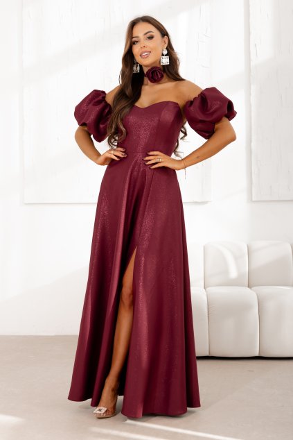 Bordové trblietavé šaty s rozparkom (Méret L)