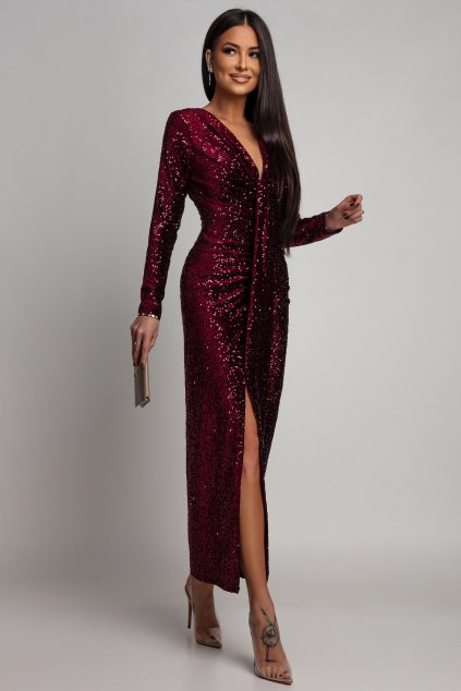 Bordové flitrované šaty s rozparkom (Méret UNI)