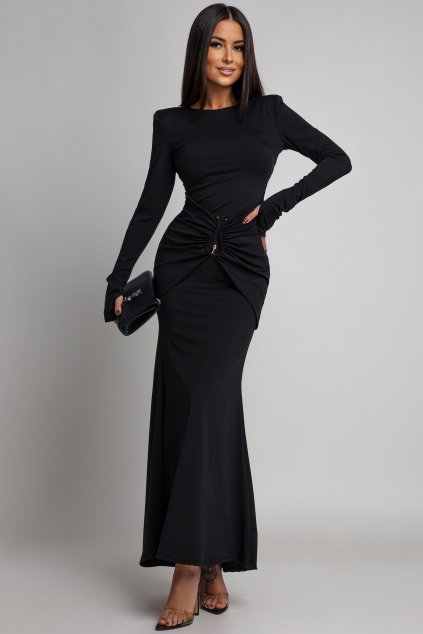 Čierne priliehavé šaty s riasením (Méret UNI)