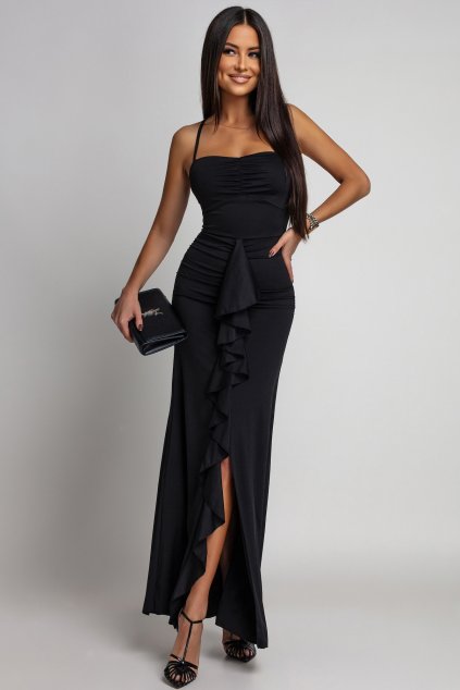 Fekete bodycon ruha fodrokkal (Méret UNI)