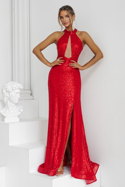 Červené flitrované šaty s rozparkom (Méret L)